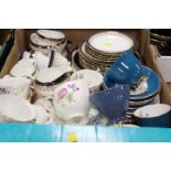 A TRAY OF ASSORTED ROYAL ALBERT FLOWER OF THE MONTH CUPS AND SAUCERS WITH BLUE AND WHITE AYNSLEY TEA