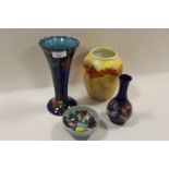 A MOORCROFT BUD VASE TOGETHER WITH A MOORCROFT SMALL BOWL WITH RESTORATION, HANCOCK & SON VASE AND A