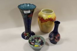 A MOORCROFT BUD VASE TOGETHER WITH A MOORCROFT SMALL BOWL WITH RESTORATION, HANCOCK & SON VASE AND A