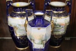 THREE DECORATIVE ANTIQUE VASES WITH HAND PAINTED DETAIL