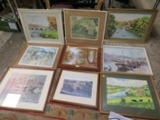A SELECTION OF WATER COLOURS PRINTS ETC MAINLY RIVER BRIDGE SCENES TO INCLUDE IRONBRIDGE (9)
