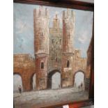 AN IMPRESSIONIST FRAMED OIL ON CANVAS OF A CASTLE FORTIFICATION TOWN ENTRANCE TOGETHER WITH A