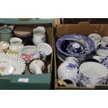 TWO TRAYS OF ASSORTED CERAMICS TO INCLUDE BLUE AND WHITE EXAMPLES TOGETHER WITH A FLORAL JUG AND