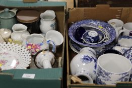 TWO TRAYS OF ASSORTED CERAMICS TO INCLUDE BLUE AND WHITE EXAMPLES TOGETHER WITH A FLORAL JUG AND