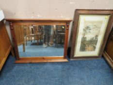 A VINTAGE OAK FRAMED BLACK AND WHITE PRINT WITH THREE ASSORTED MIRRORS (4)