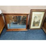 A VINTAGE OAK FRAMED BLACK AND WHITE PRINT WITH THREE ASSORTED MIRRORS (4)