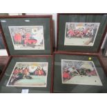 FOUR HUMOUROUS FRAMED AND GLAZED COLOUR ENGRAVINGS MILITARY SNOOKER SCENES