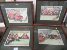 FOUR HUMOUROUS FRAMED AND GLAZED COLOUR ENGRAVINGS MILITARY SNOOKER SCENES