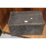 A VINTAGE WOODEN CHEST TOGETHER WITH A WICKER CASED BOTTLE