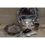 HALLMARKED SILVER AND INLAID TORTOISE SHELL HAND- MIRROR TOGETHER WITH SILVER PLATED TANKARD ETC