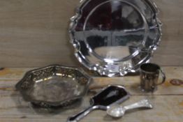 HALLMARKED SILVER AND INLAID TORTOISE SHELL HAND- MIRROR TOGETHER WITH SILVER PLATED TANKARD ETC