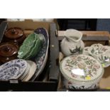 TWO TRAYS OF ASSORTED CERAMICS TO INCLUDE PORTMEIRION AND AN ANTIQUE PLATTER WITH A PEACOCK DESIGN