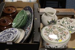 TWO TRAYS OF ASSORTED CERAMICS TO INCLUDE PORTMEIRION AND AN ANTIQUE PLATTER WITH A PEACOCK DESIGN