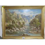 A GILT FRAMED OIL ON BOARD OF A MOUNTAINOUS RIVER SCENE INDISTINCTLY SIGNED LOWER LEFT AND DATED