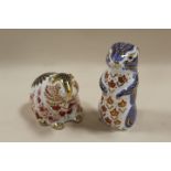 TWO ROYAL CROWN DERBY PAPERWEIGHTS - MEERKAT AND BEAVER, BOTH WITH GOLD STOPPERS