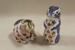 TWO ROYAL CROWN DERBY PAPERWEIGHTS - MEERKAT AND BEAVER, BOTH WITH GOLD STOPPERS