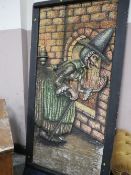 A VERY LARGE WOODED FRAMED NOVELTY PICTURE OF A BECKONING WITCH MADE FROM CIGARETTE FILTERS APPROX