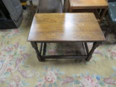 A RETRO TEAK TWO TIER TROLLEY AND TWO OAK TROLLEY /TABLES (3)