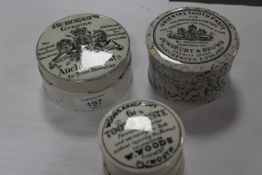 THREE ANTIQUE CERAMIC LIDDED POTS TO INCLUDE BURGESS'S GENUINE ANCHOVY PASTE