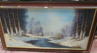 A LARGE OIL ON CANVAS OF A WINTER RIVER SCENE SIGNED LOWER LEFT APPROX 60 x 121 CM