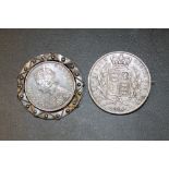 AN 1845 SILVER CROWN BROOCH AND RUPEE INDIA SILVER BROOCH