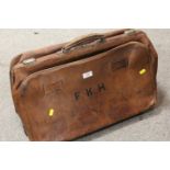 A VINTAGE LARGE LEATHER GLADSTONE STYLE BAG INITIAL F.K.H