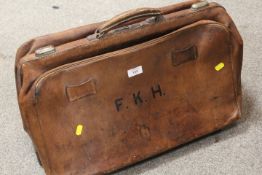 A VINTAGE LARGE LEATHER GLADSTONE STYLE BAG INITIAL F.K.H