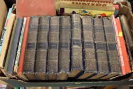 A TRAY OF VINTAGE BOOKS ETC TO INCLUDE A RUPERT ANNUAL AND SEVERAL CASSELLS HISTORY OF ENGLAND