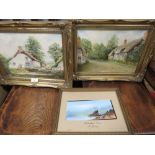 A SMALL MIXED MEDIA LAKELAND SCENE BY F HUMLE SIGNED LOWER RIGHT TOGETHER WITH TWO MODERN GILT