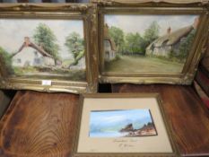 A SMALL MIXED MEDIA LAKELAND SCENE BY F HUMLE SIGNED LOWER RIGHT TOGETHER WITH TWO MODERN GILT