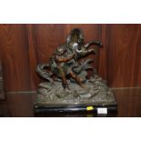 A VINTAGE BRONZED SPELTER STUDY OF A FIGURE AND HORSE / DAMAGE TO HORSES LEG