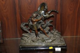 A VINTAGE BRONZED SPELTER STUDY OF A FIGURE AND HORSE / DAMAGE TO HORSES LEG