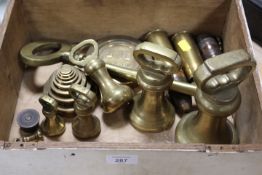 A TRAY OF BRASS WEIGHTS ETC