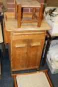 A MODERN KITCHEN TROLLEY AND TWO STOOLS (3)