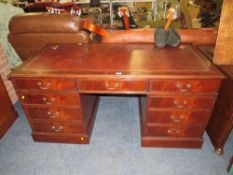 A REPRODUCTION MAHOGANY LEATHER TOPPED TWIN PEDESTAL DESK W-159 CM