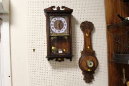 MODERN 20 DAY WALL CLOCK TOGETHER WITH AN OAK MOUNTED BAROMETER (2)