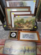 A TRAY OF ASSORTED PICTURES AND PRINTS TO INCLUDE SAILING BOATS OIL ON BOARD
