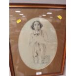 A FRAMED AND GLAZED PENCIL UNFINISHED PORTRAIT OF A MAN PRAYING