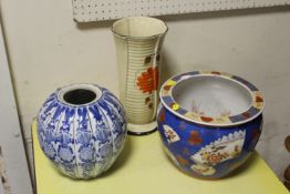 A CHINESE BLUE/WHITE GINGER JAR WITH CHARACTER MARK TO BASE "MISSING LID" TOGETHER AN ORIENTAL