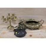 A SELECTION OF METALWARE TO INCLUDE A FIVE BRANCH CANDELABRA , A GILT METAL TWIN HANDLED PLANTER AND