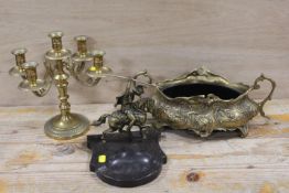 A SELECTION OF METALWARE TO INCLUDE A FIVE BRANCH CANDELABRA , A GILT METAL TWIN HANDLED PLANTER AND