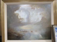 A LARGE GILT OIL ON BOARD OF PELICANS ON A CLOUDY LAKE SIGNED STRINGFELLOW