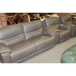 A GREY 'VIOLINO' LEATHER 3 PIECE SUITE - RECLINING