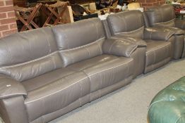 A GREY 'VIOLINO' LEATHER 3 PIECE SUITE - RECLINING