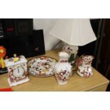 A SELECTION OF MASONS MANDALAY RED CERAMICS TO INCLUDE MANTLE CLOCK AND LAMP