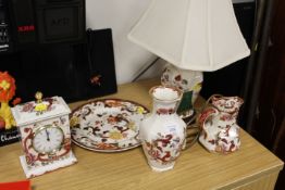 A SELECTION OF MASONS MANDALAY RED CERAMICS TO INCLUDE MANTLE CLOCK AND LAMP