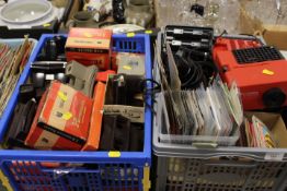 TWO TRAYS OF VIEW-MASTER VIEWERS PROJECTORS AND MANY CARDS TO INCLUDE, MR MEN, E. T AND HAPPY DAYS