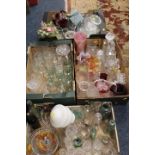 FOUR TRAYS OF ASSORTED GLASS WARE TO INCLUDE ADVERTISING BOTTLES, DECANTERS ETC