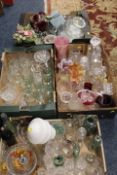 FOUR TRAYS OF ASSORTED GLASS WARE TO INCLUDE ADVERTISING BOTTLES, DECANTERS ETC
