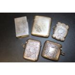 FIVE ANTIQUE HALLMARKED SILVER VESTA CASES